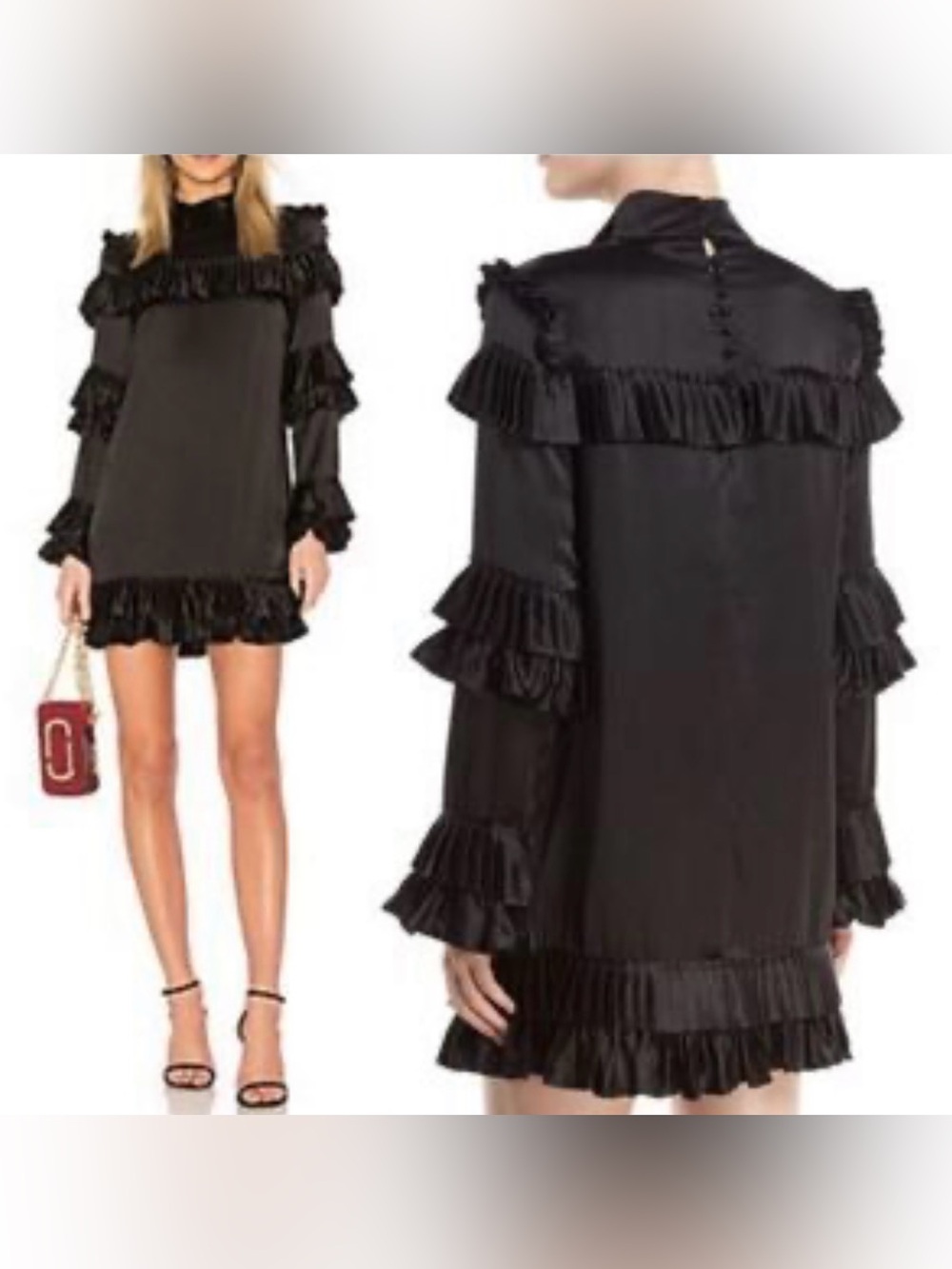 FRAME Dress Sz XL Black Silk Satin Ruffle Shift High Neck Long Sleeve Mini Chic